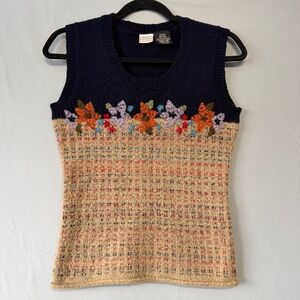 VTG Arizona Jean Company Womens Floral Embroidered Sweater Vest Size Medium Navy